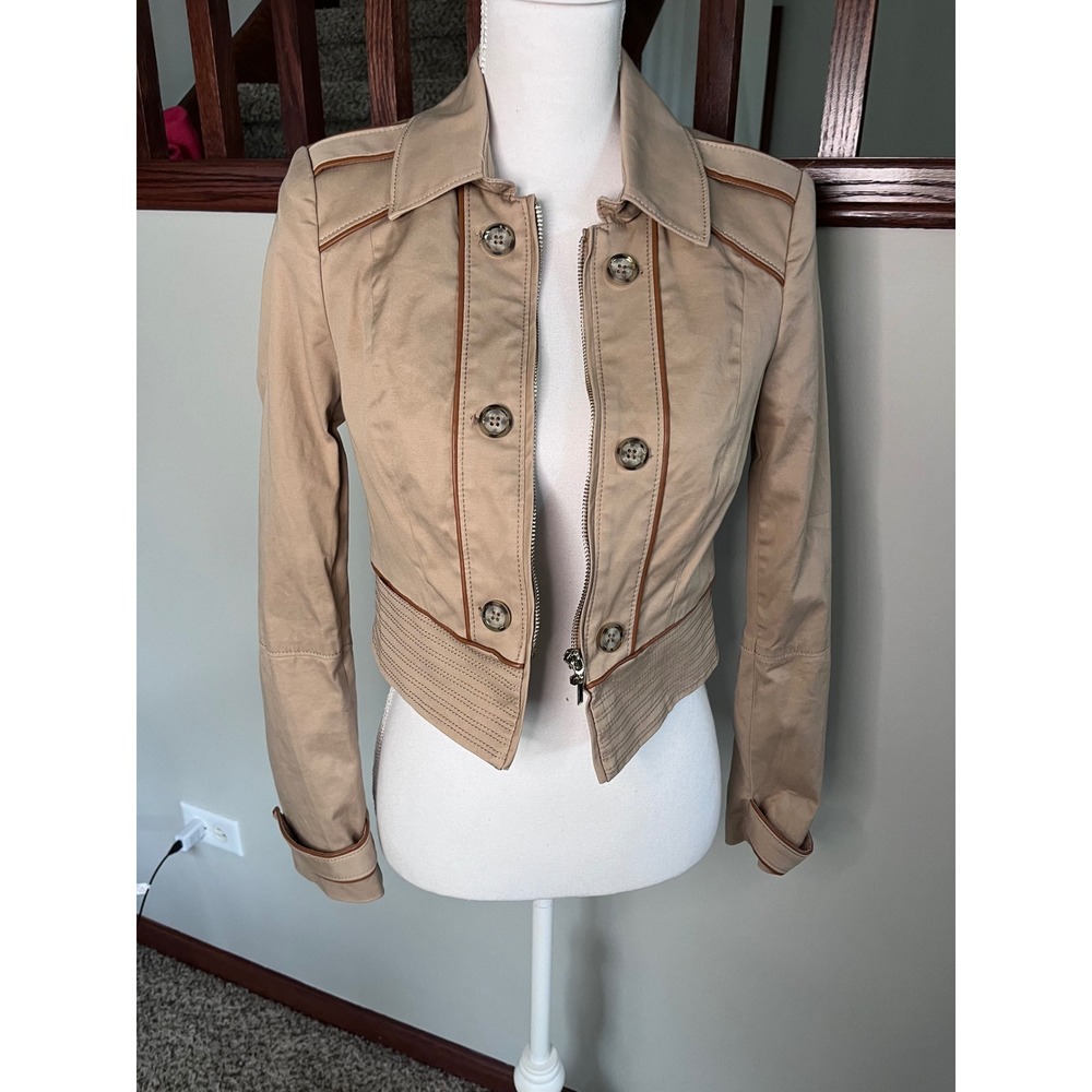White House Black Market Tan Cropped Military Jacket Brown Piping Zip Front 2